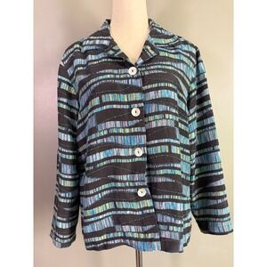 Mirasol Silk Jacket Women L Abstract Stripe Button Up Art to Wear Boho Beaded